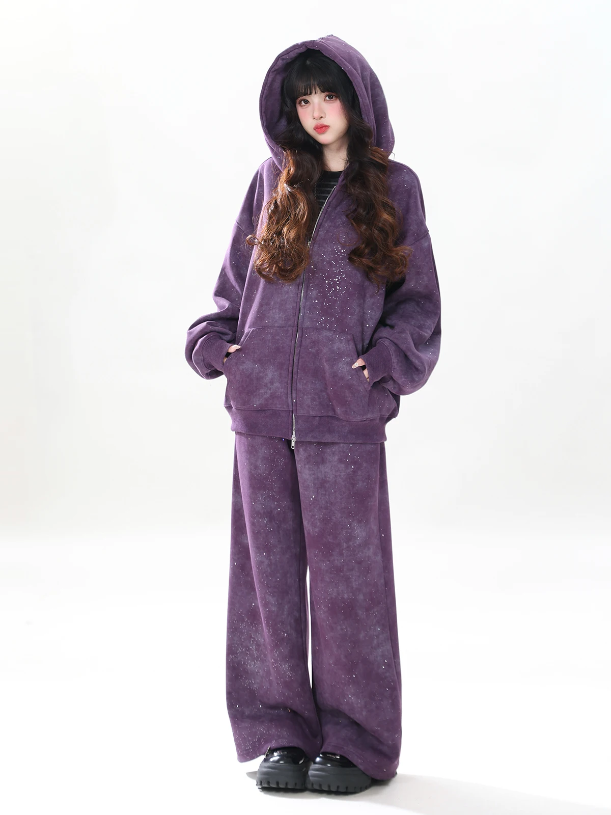 

ENJOG Grape Purple Sequin Hoodie Set Women's Loose Casual Pants Two-Piece Suit Spring Fashion Comfortable Breathable Long Sleeve