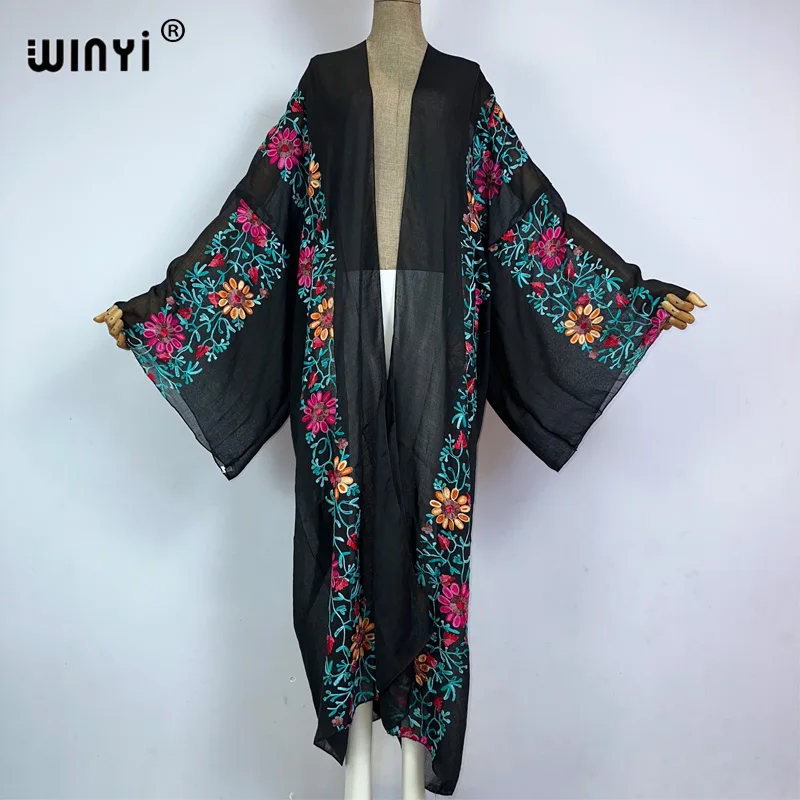 WINYI kimono haftowany wzór boho kaftany plażowe zakrywające sweter stroje plażowe na wakacje dla kobiet купальник