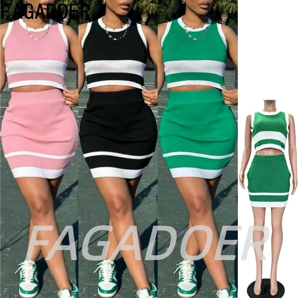 

FAGADOER Fashion Kint Mini Skirt Two Piece Sets Casual White Patchwork Crop Top and Short Skirt Outfits Women's Clothing Suits