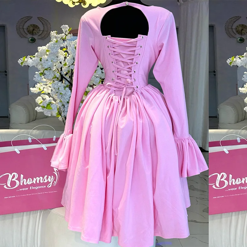 Slergiri Damen-Kleid, elegant, Rundhalsausschnitt, lange Ärmel, Prinzessinnenkleid, 2025, Herbst, hohe Taille, Rückenausschnitt, Schnürung, Midi-A-Linien-Kleider