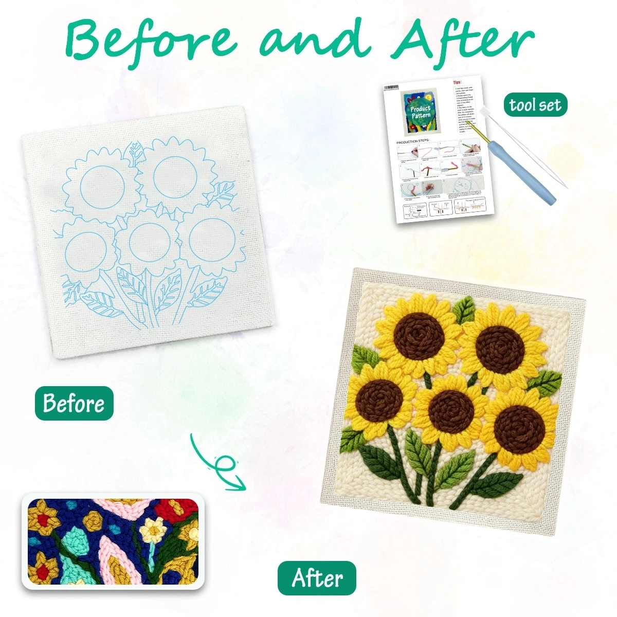 1 Set Fünf Sonnenblumen DIY-Stickerei-Set für Anfänger, Stick-Starter-Kit, Kreuzstich-Kunstgeschenk, Nadelarbeiten – Detail 1