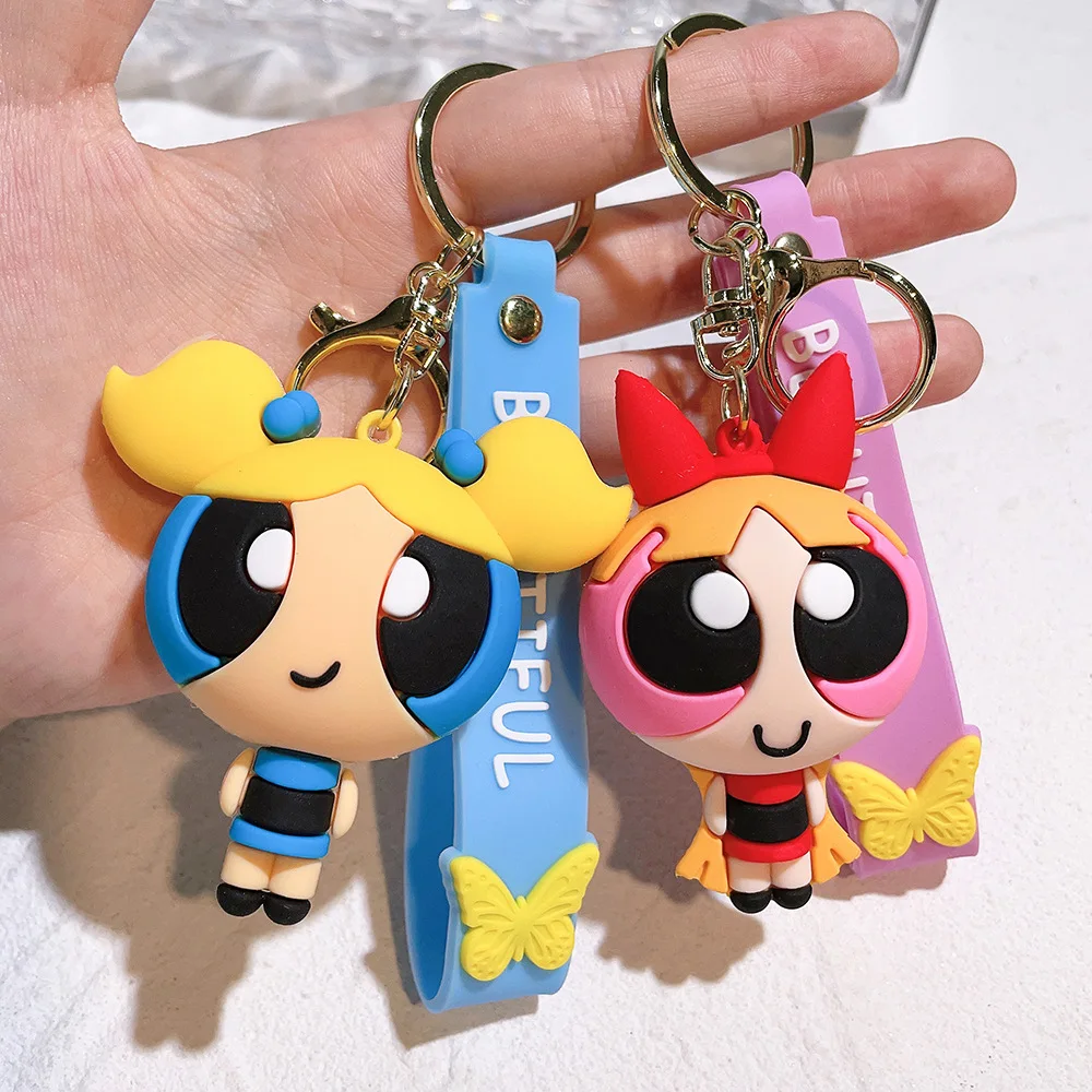 MINISO Powerpuff الفتيات الكرتون عمل الشكل المفاتيح زهر فقاعات Buttercup دمية Keyrings حقيبة قلادة اكسسوارات مفتاح السيارة