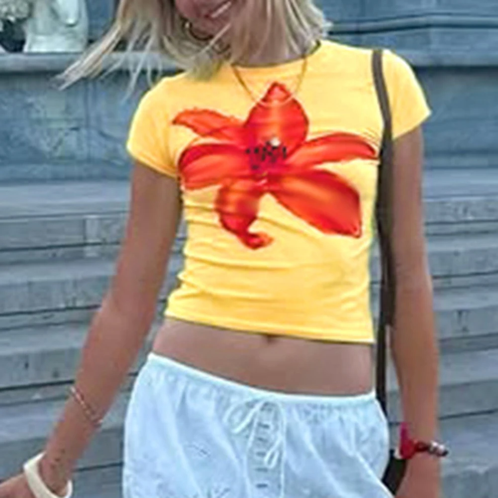 

Casual Wear Daily Use Gyaru T-shirt Floral Print Top Brand New Casual Style Crew Neck Daily Wear Microelasticity