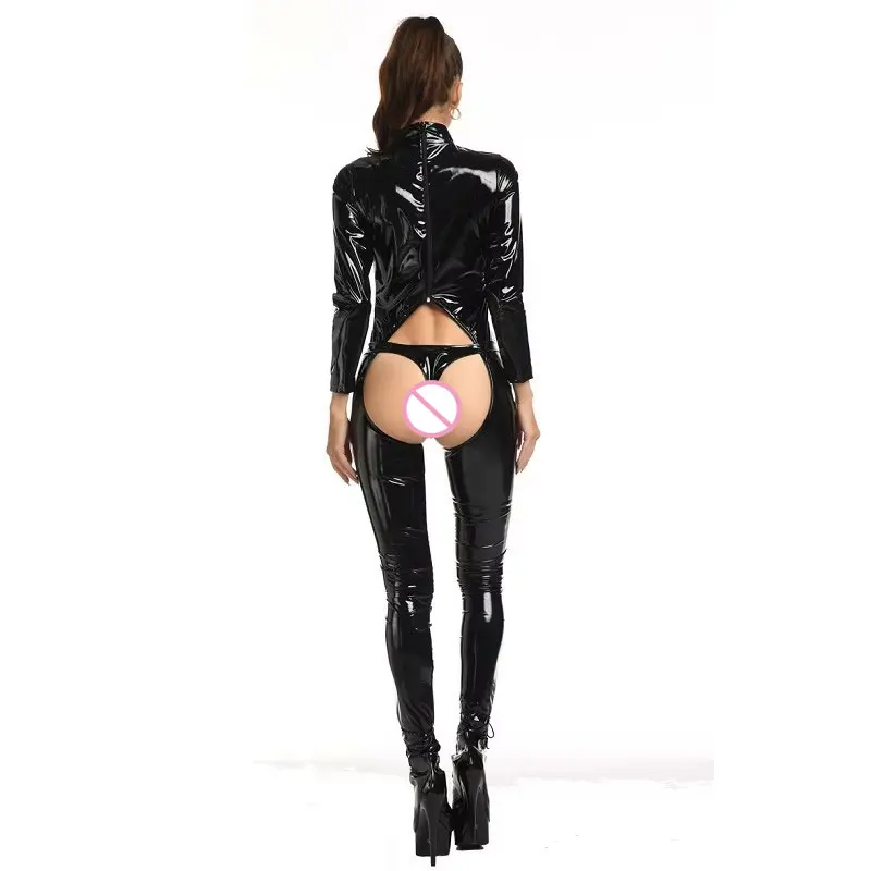 Crotchless Hollow Out Long sleeves Jumpsuit High Cut Tight Bodystocking Bodysuit Bandage Leotard Shaping Open Crotch Catsuit