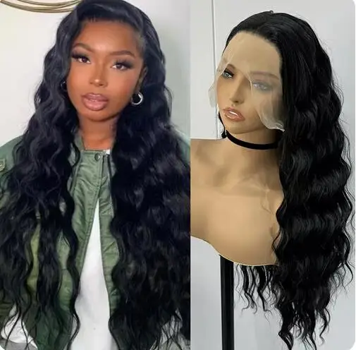 Wig sintetis renda depan wanita, rambut palsu Cosplay keriting longgar hitam panjang, bermain peran renda depan alami tanpa lem