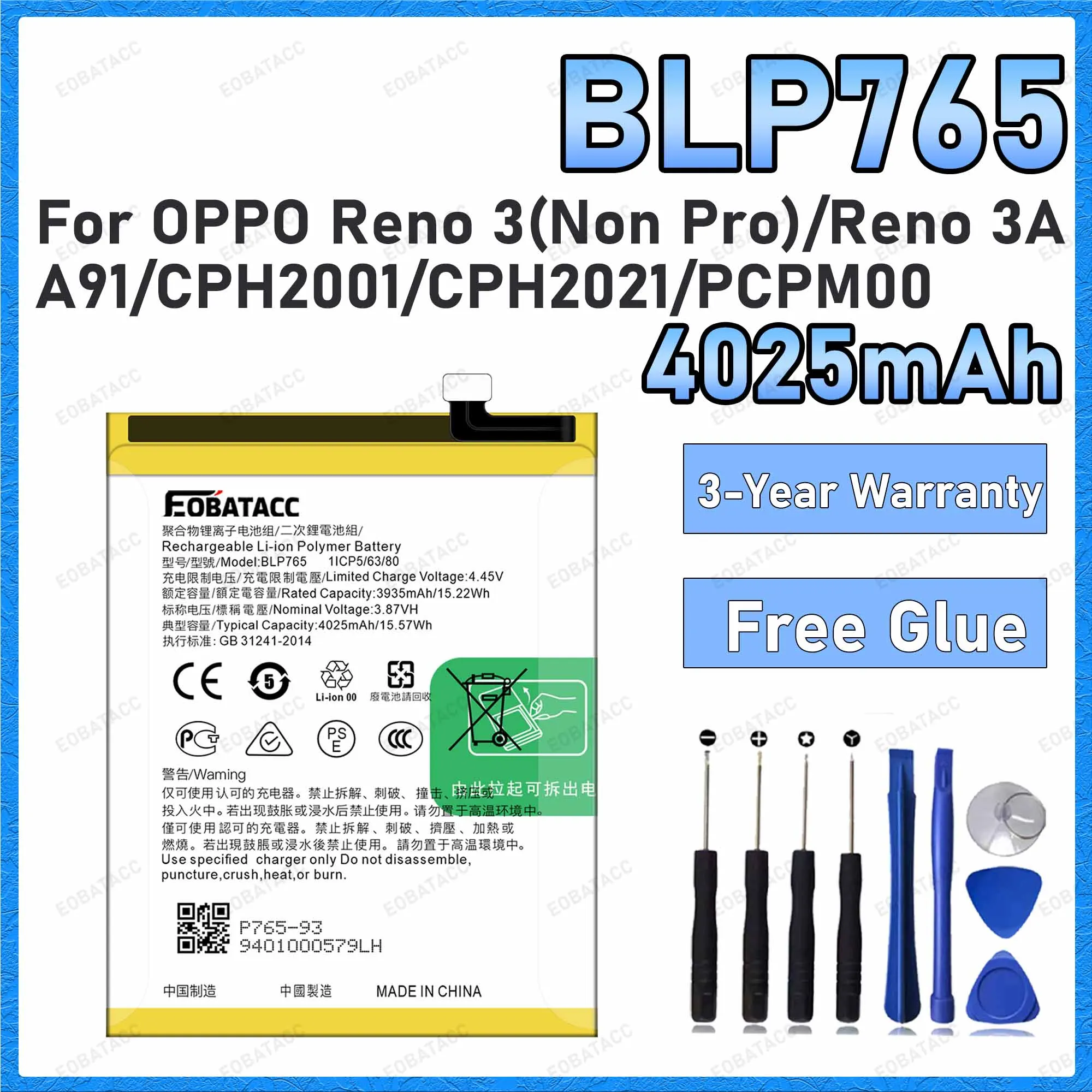 High Quality 4025mAh BLP765 Battery For OPPO Reno 3/Reno 3A/A91 Replacement Batteries+Free Tools