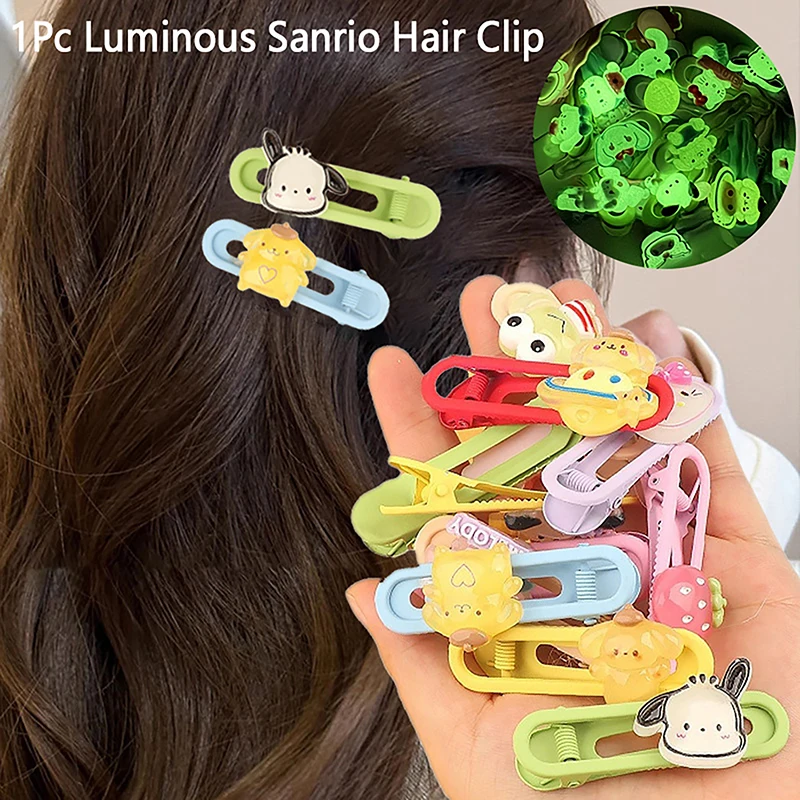 Luminous Sanrio Hair Clip Hello Kitty Kuromi Melody Sweet Girl Hair Pin Bangs Side Clip Woman Headwear Barrette Hair Accessories