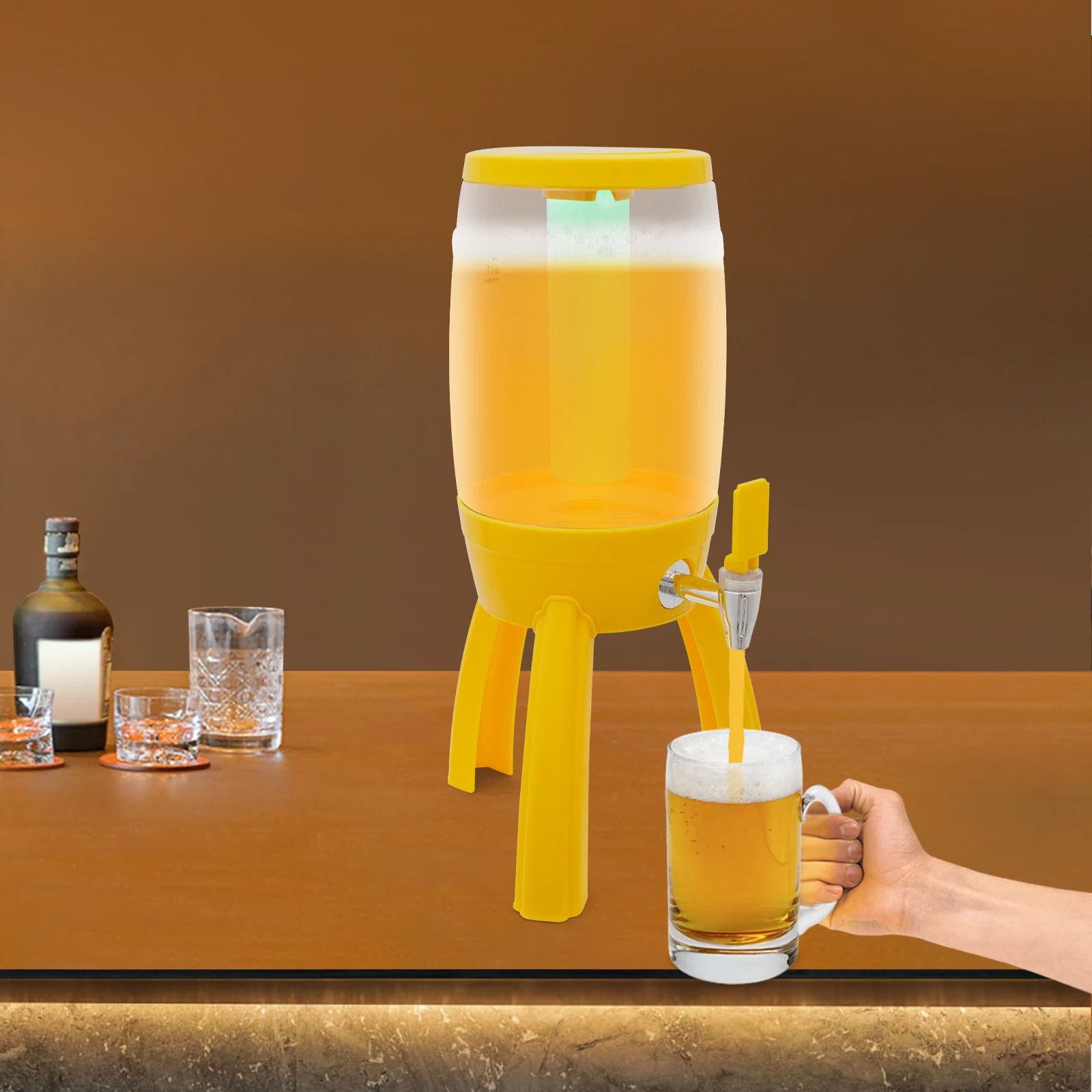 Yellow ABS/PET 3L Three-legged Craft Beer Barrel with Faucet LED Icicle Lamp Party Wine Distributor
