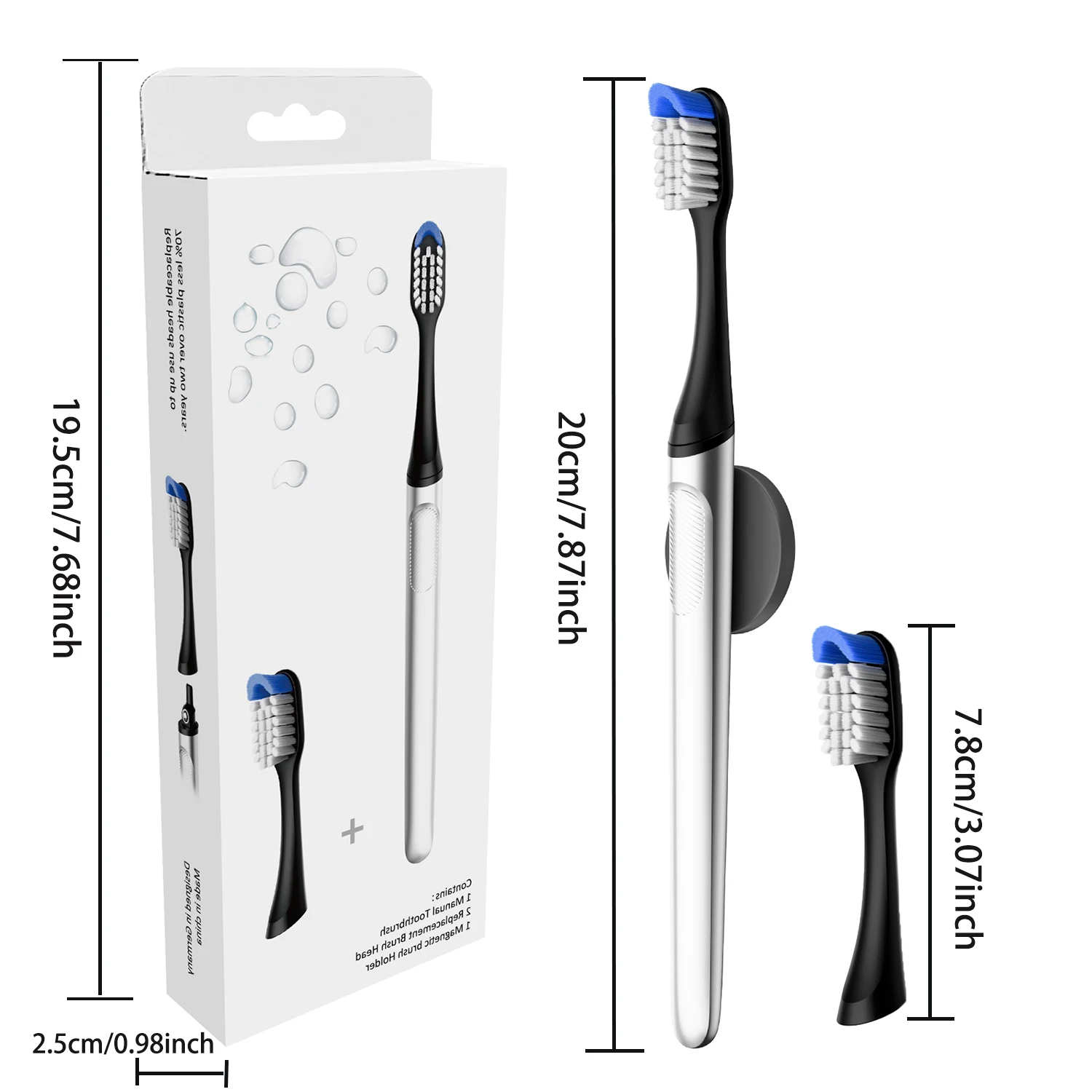 Manual Toothbrush,Chrome White, with 2 Bonus Replacement Brush Head and 1 Magnetic Toothbrush Holder