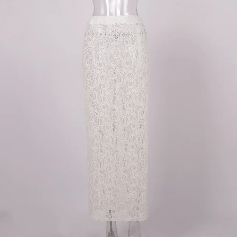 Falda de encaje blanco para mujer, ropa de calle translúcida, Jacquard, ahuecado, encaje dividido, Sexy, larga, tendencia de verano