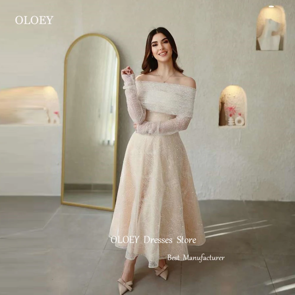 OLOEY Glitter Light Champagne Evening Dresses With Bolero Off Shoulder Long Sleeves Ankle Length Wedding Gowns Birthday Formal