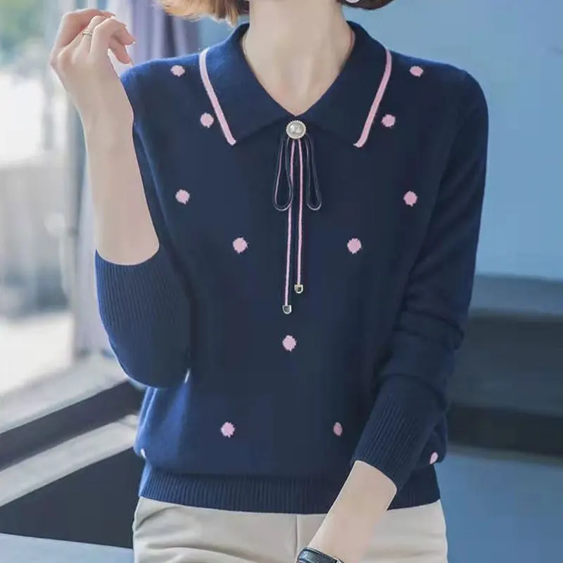 2023 Spring Autumn Casual Polka Dot Peter Pan Collar Sweaters Female Clothing Solid Color Bow Chic Pearl Button Loose Jumpers