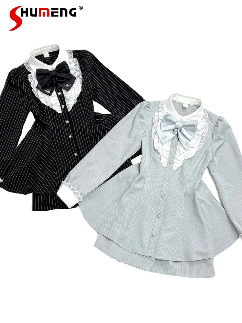 

Japanese Mines Style Mass-produced Doll Collar Bow Long Sleeve Striped Dress High Waist Shorts Lolita Two Piece Set for Women