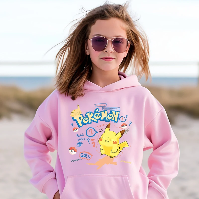 Pokemon print kids hoodie autumn and winter sweatshirt pink casual top for girls