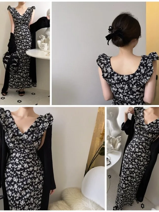 Ele Floral Print Long Dr Damen Sommer 2025, New Sle V-Ne Svel Waist-Cinched Ladylike Maxi Dr