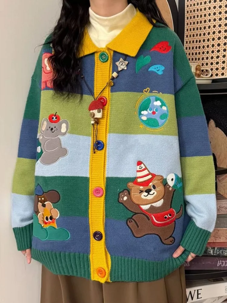 Women's Cartoon Embroidery Cardigan Sweater Spring Fall Colorful Buttons Colorblock Color Loose Fit Knitted Casual Dopamine Coat