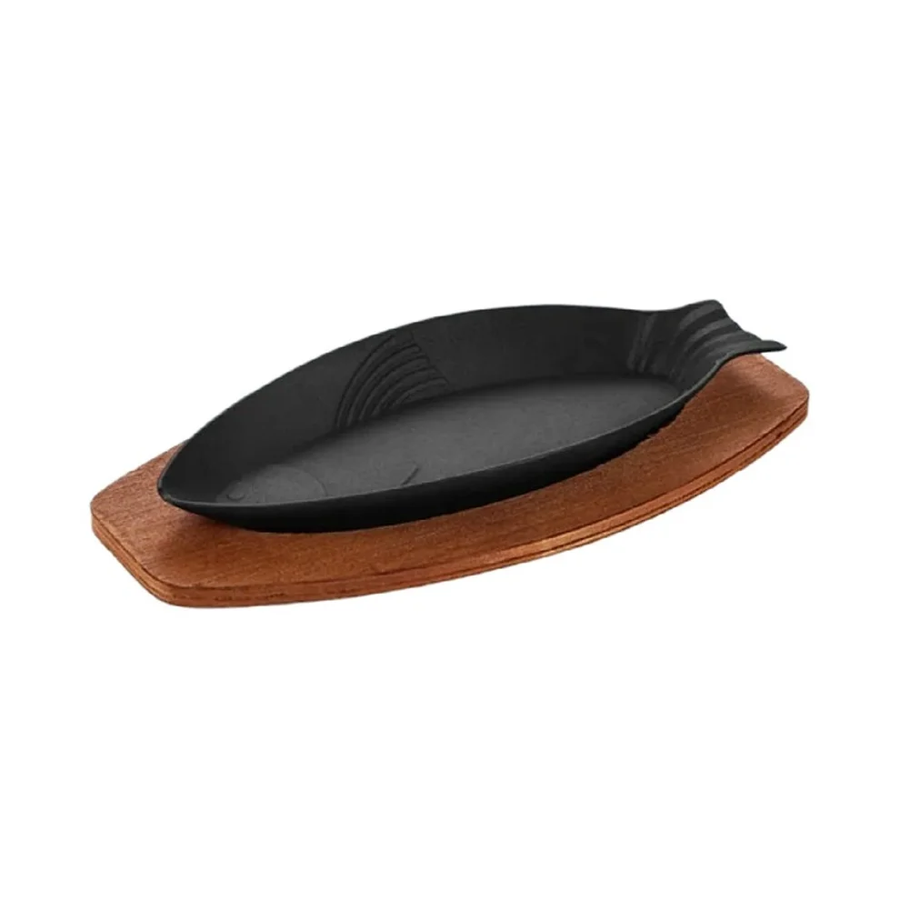 Cast Iron Grill Pan with Fish Outline Shape Optimized for Korean Barbecue Methods and Long-Lasting Thermal Stability