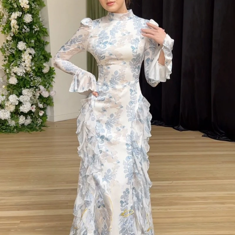 2025 novo na primavera estilo suave fino ajuste rendas até vestido de cetim impresso manga comprida vestido longo para mulheres roupas femininas elegantes