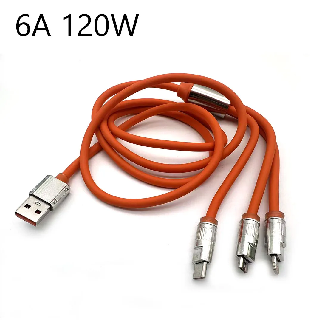 120W 6A 3-in-1 Fast Charging Cable Type C/Micro USB Triple Head for iPhone Samsung Huawei Xiaomi USB Data Quick Charge ﻿ ﻿