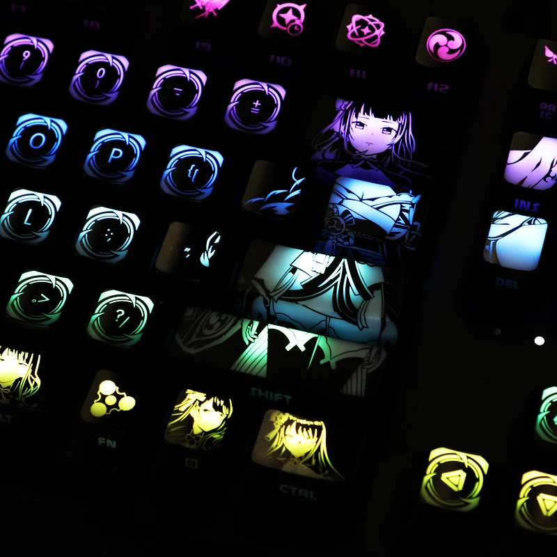 メカニカルキーボード用の光沢のある燃料キー,104キーのキット,すね衝撃,パーソナライズされたキーキャップ,バックライト付き,黒い穴