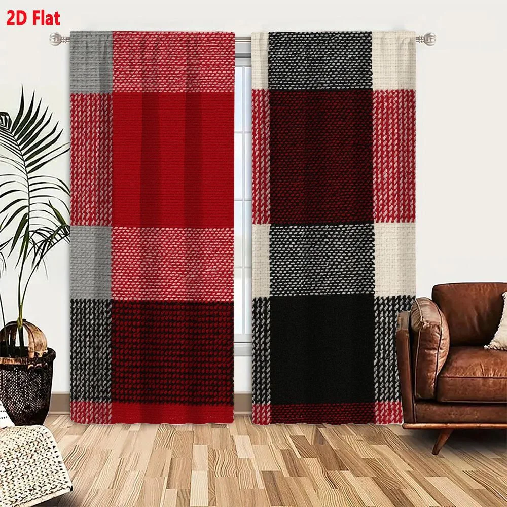 2Pcs Curtains 2D Flat Classic Buffalo Check Plaid Woven Textile With Deep Red Black Cream And Gray Blocks For Flannel Shirts Bla