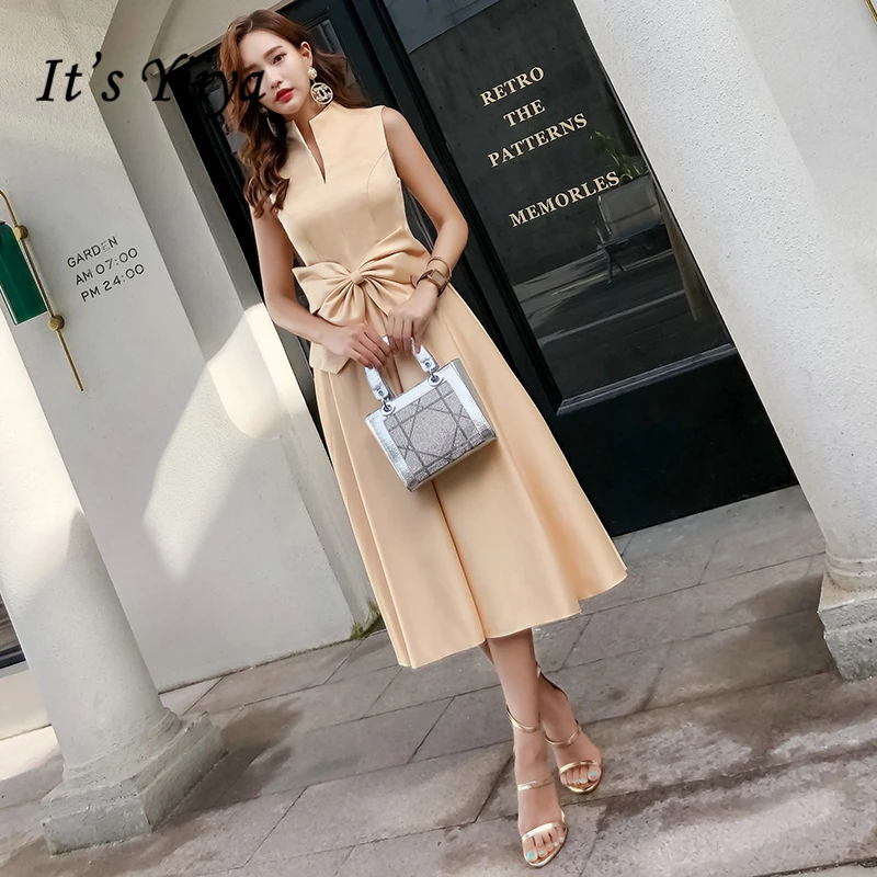 

Clearance Cocktail Dresses Champagne Tie Bow Turtleneck Satin Party Gowns Sleeveless Tea-length Zipper Back Formal Dress E396