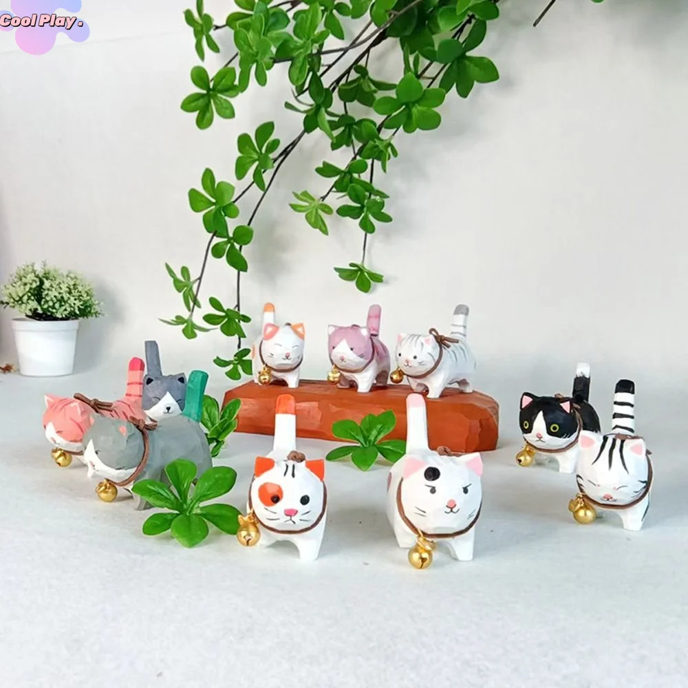 

Bell Cat Wood Carving Cat Ornament Handmade Solid Wood Painted Cartoon Cat Sculpture Cute Simple Style