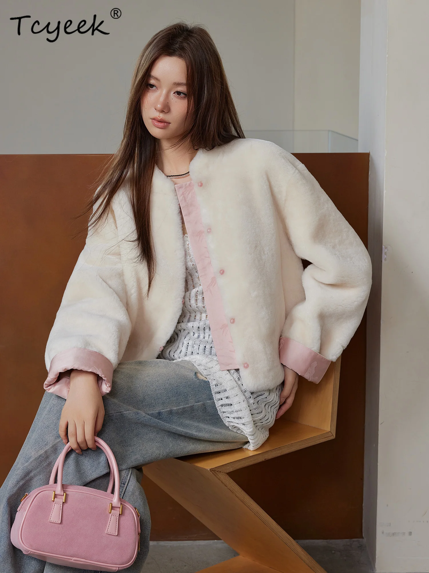Tcyeek lã real outono inverno novo estilo chinês pele integrada gola curta casaco de pele de lã feminino fourrures femme