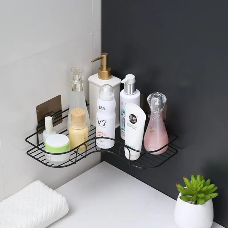 Bathroom Storage Shelves, Wall Mounted Triangle Shelf with Towel Bar, Punch-Free Shower Caddy for Bathroom Corner