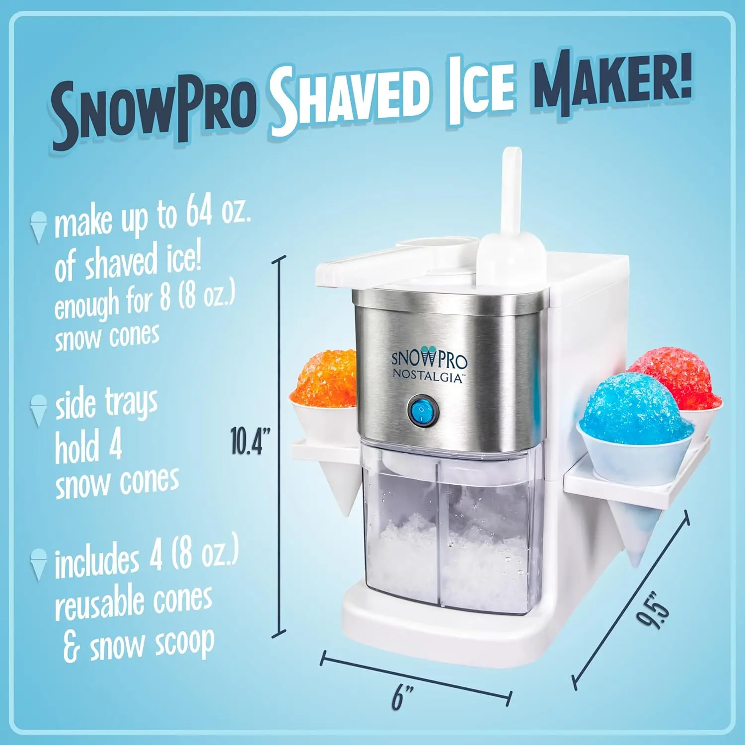 Electric Shaved Ice & Snow Cone Maker 64-Ounce Ice Shaving Capacity, 4 Reusable Cones, Side Shelves