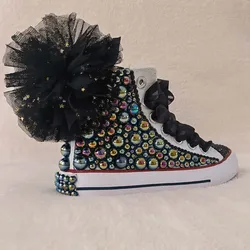 Black Mesh Flowers DIY Kids Canvas Shoes For Girl Customized Shoes Birthday Party Gift Handmade Bling Pompom Pearls Sneakers