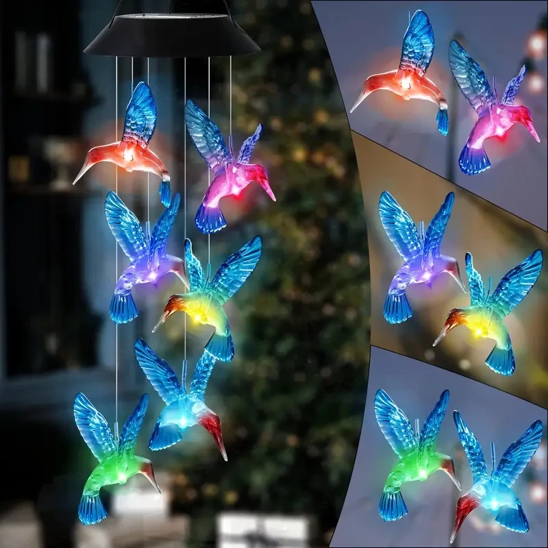 

1/2pc Solar Blue Hummingbird Wind Chime Light LED Hummingbird Courtyard Wind Chime Light Landscape Light Courtyard Light