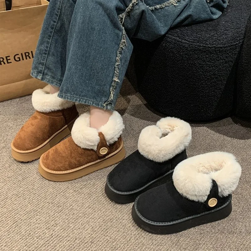 

Модные хлопковые туфли на толстой подошве на меху, новинка зимы 2025, женские теплые нескользящие домашние зимние ботинки, увеличивающие рост