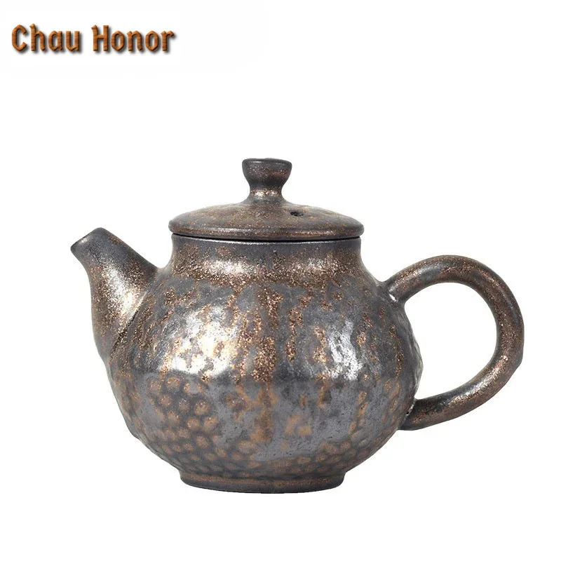 

240ml Retro Sprinkle Gold Glaze Ceramic Teapot Handmade Kiln Fambe Hammer Eye Grain Master Cups Puer Personal Pot Gift Packaging