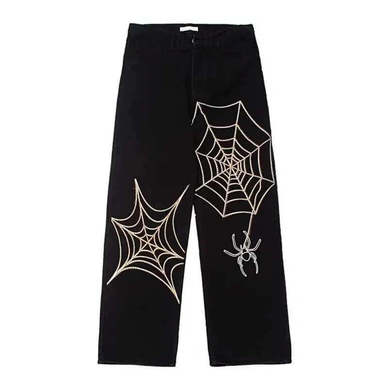 

Men Casual Harajuku Black Alt Spider Web Hip Hop Jeans Gothic Fairy Grunge Straight Wide Leg Pants Streetwear Clothes