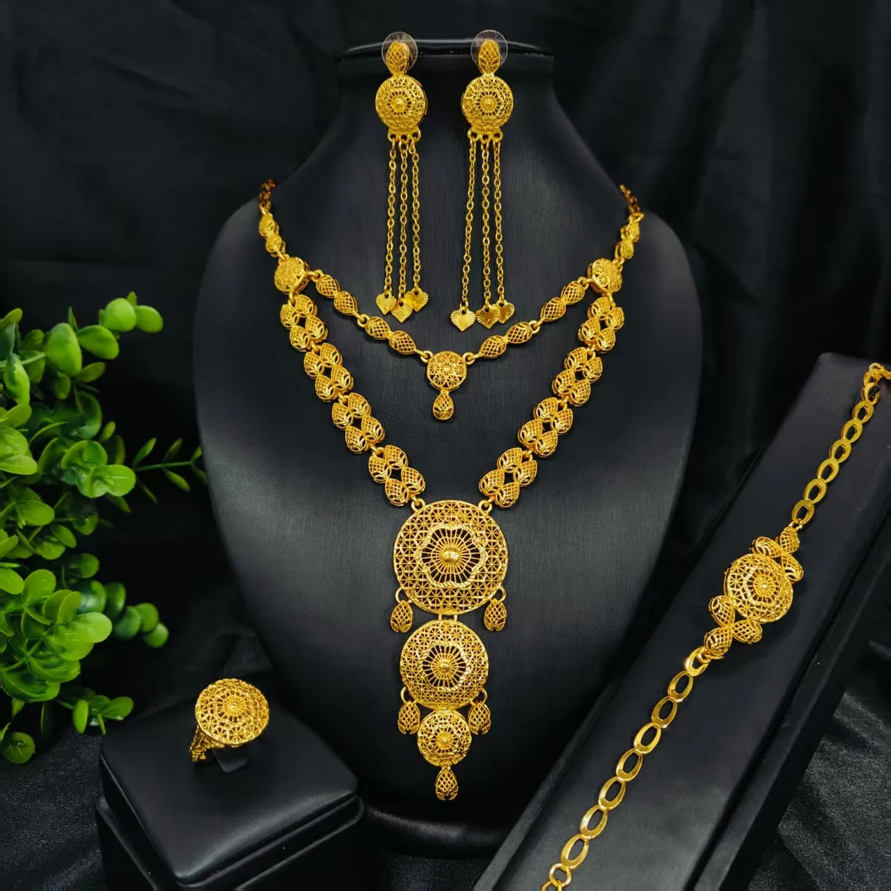

Women's 24K Gold-Plated Party Wedding Jewelry Set BOHO Tassel Drop Earrings Fashion Bracelet Big Size Ring China Guangzhou Made