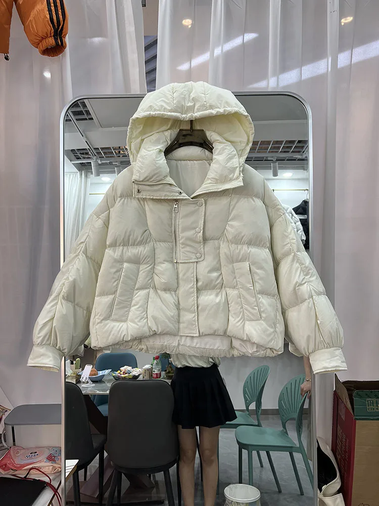 

White Duck Down Parka Short Down Puffer Jacket Women Standing Collar Streetwear Loose Snow Parka Thick Bread Jacket Outerwear