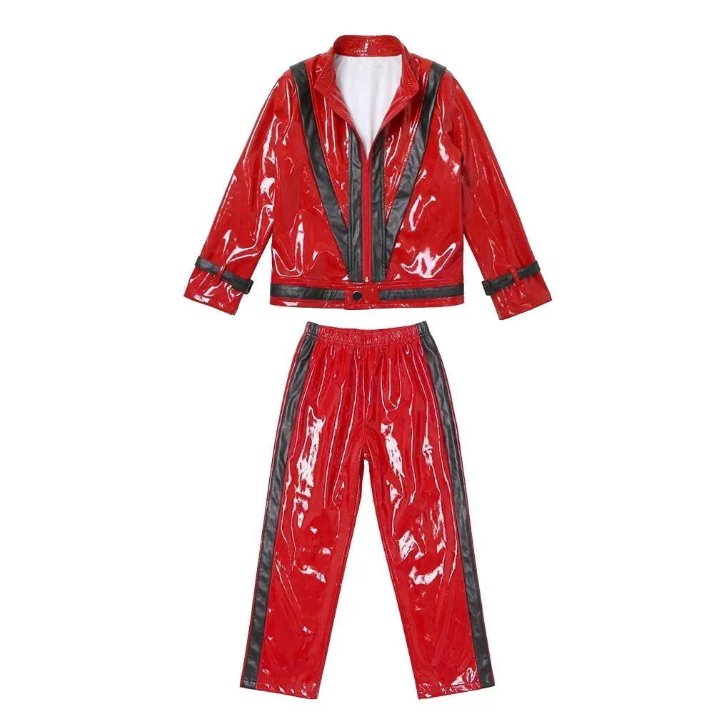 Boys Michael Red Leather Jacket Pant Set Jackson Halloween Scary Night 80s Vintage Pop Singer Thriller Party Performance Costume view 3