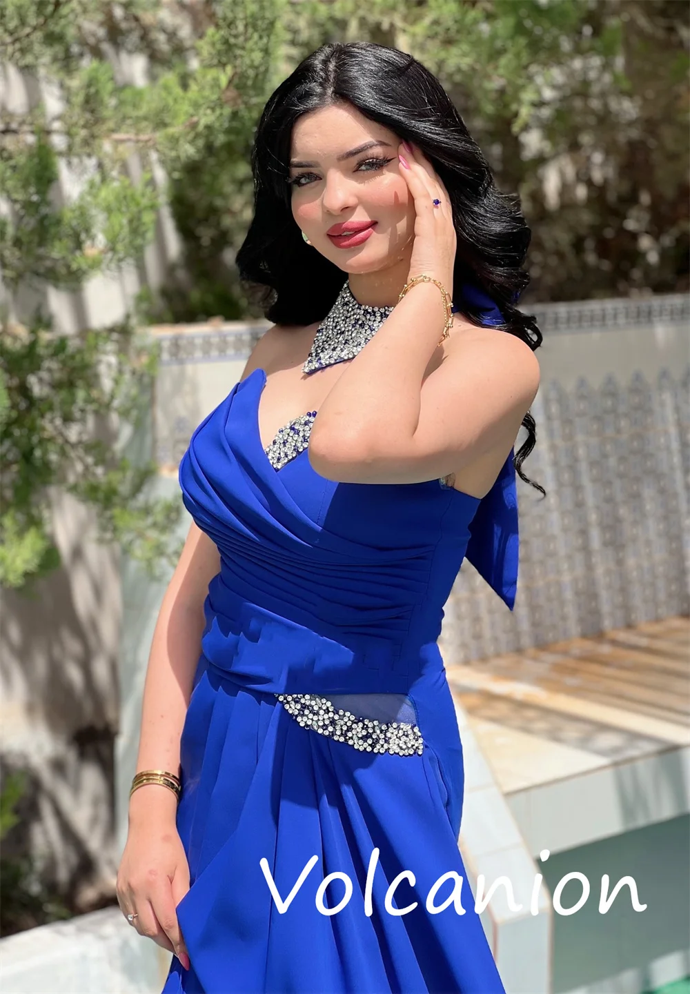 Customized Fashion Sparkle Jersey Sequined Pleat Trumpet Halter Long Dresses Bespoke Occasion Exquisite