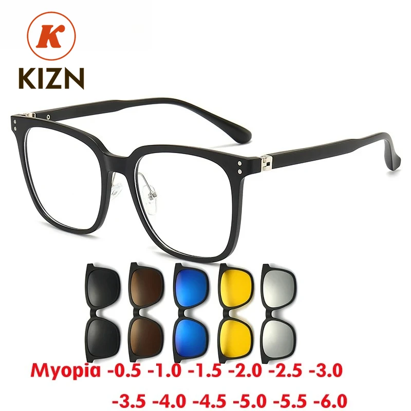 

KIZN 6 в 1, мужские и женские поляризационные солнцезащитные очки для близорукости, большая оправа, оптическая квадратная магнитная клипса, очки по индивидуальному заказу, 1,0 ~-6,0