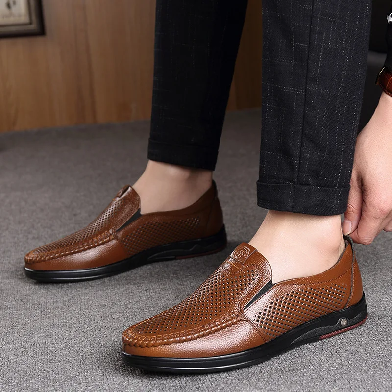 Men\'s Summer Loafers Shoes Genuine Leather Soft Man Casual Slip-on Cutout Shoes Cowhide Summer Loafers 2023