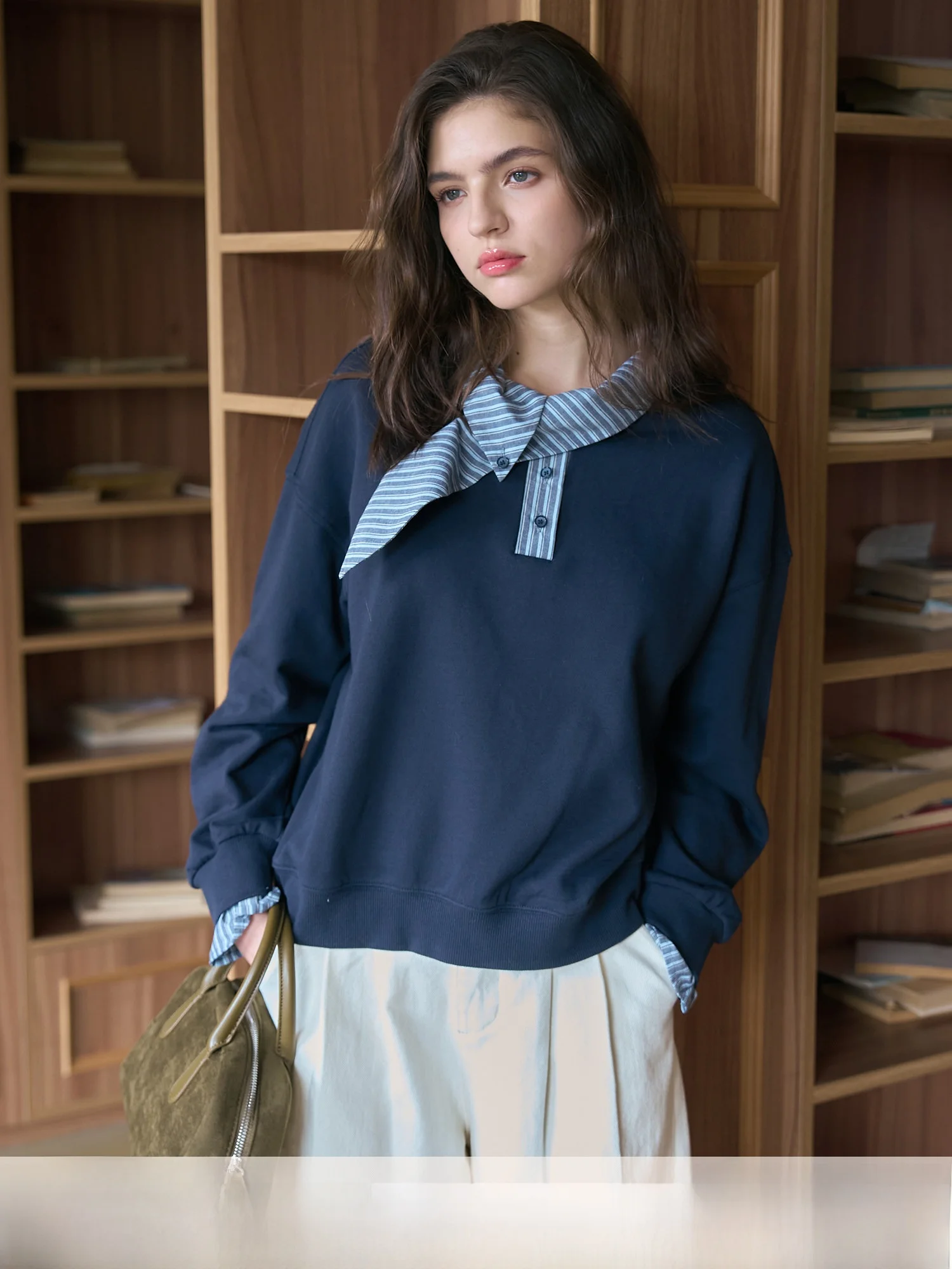 

Bruland"Waltz College Sle" Design Sense Plaid Splicing Scarf Hoodie Versatile Top Loose Fit Cotton Polyester Blend Long Sve