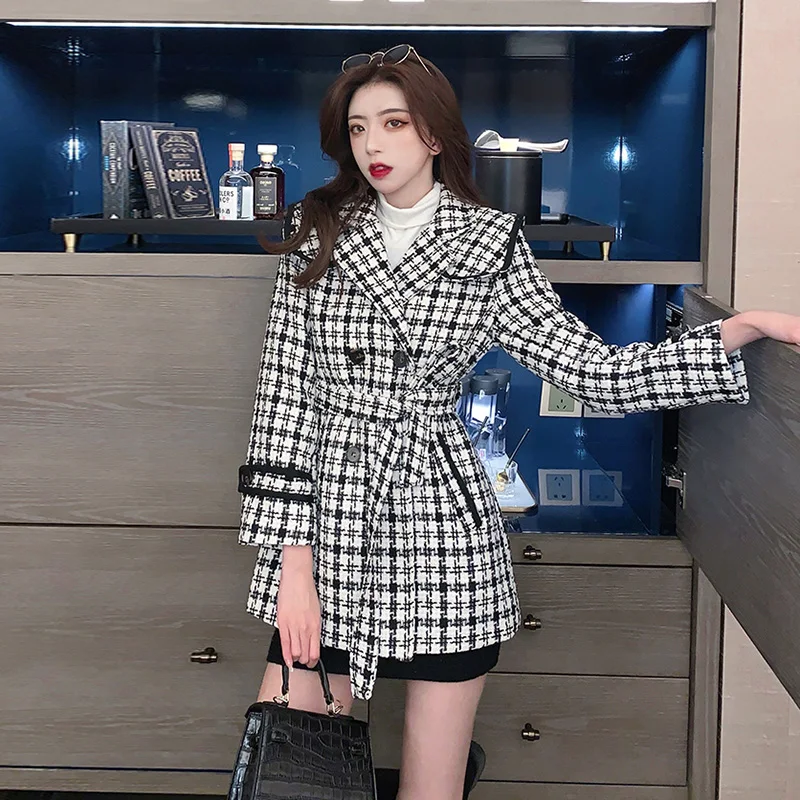 

Street Woolen Coat Women Outwear Spring Autumn 2023 Suit Collar Jacket Female Overcoat Fashion Belt Slim Houndstooth Top Casaco