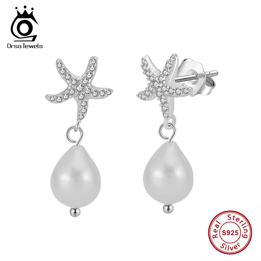 

ORSA JEWELS Vintage Starfish Shell Dangle Drop Earrings 925 Sterling Silver Ocean Natural Pearl Earring Wedding Jewelry GPE119