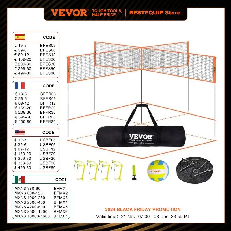 VEVOR 4-Way Volleyball Net Outdoor Badminton Net Set for Backyard Beach Lawn with Carrying Bag 4 Square Quick Assemble Game Set