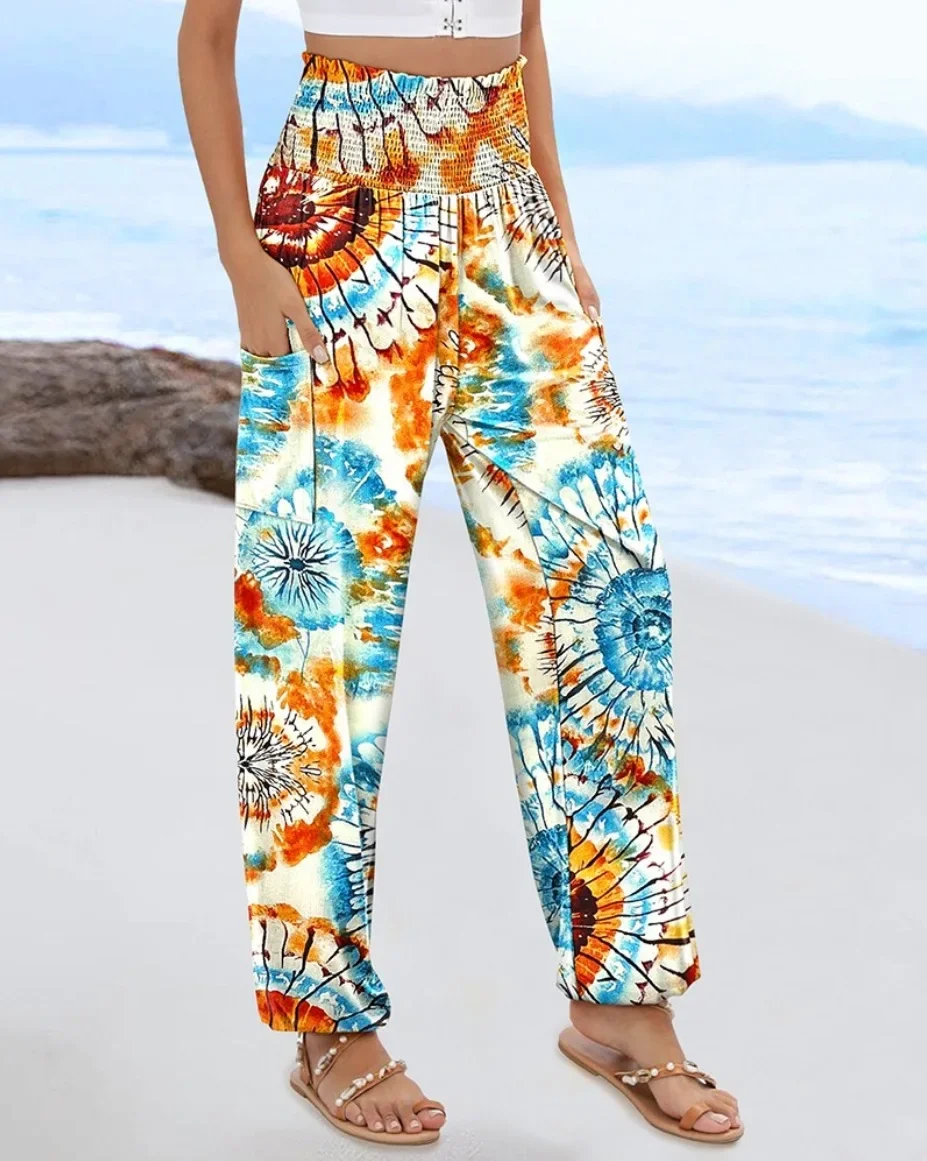 Damen Boho Bedruckte Haremshose mit Hoher Taille, Elastischem Bund, Seitentaschen, Lockere Hose für Strandurlaub und Freizeit – Detail 10