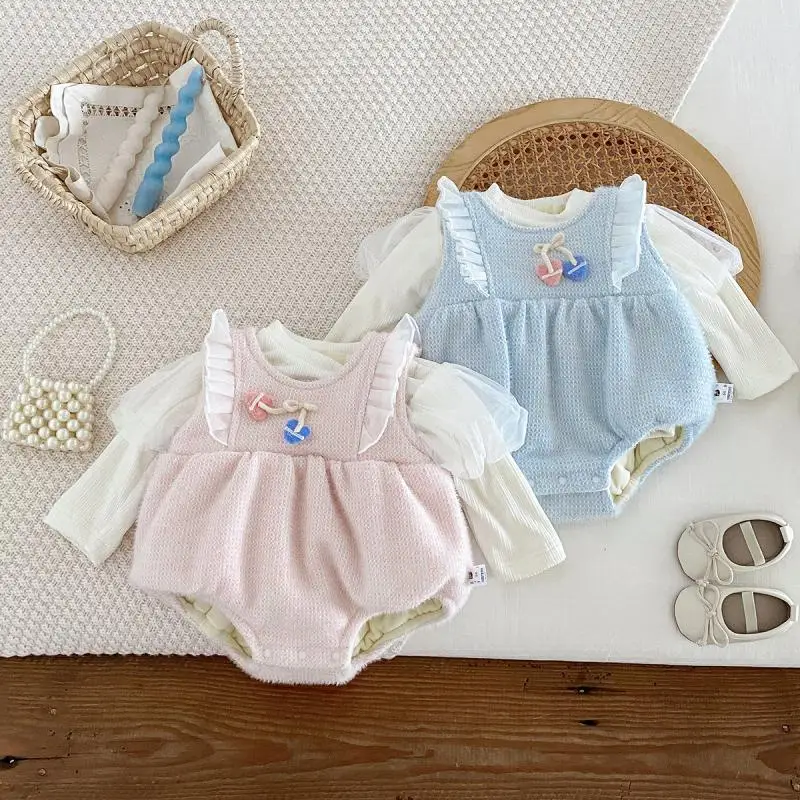 2024 Newborn Autumn Winter Jumpsuit Cute Baby Girl Thick Warm Romper with White Shirt Toddler Girls Rompers Twins Clothes