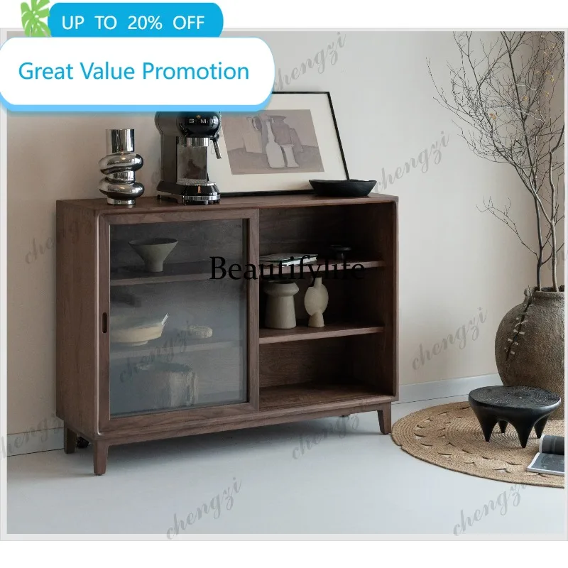 C178  Straight edge short cabinet dining side cabinet living room large capacity storage display cabinet pure wood black