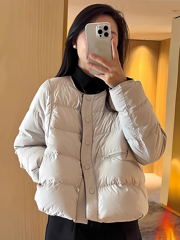 2025 autumn and winter new women's round neck single breasted short white duck down jacket solid color casual coat