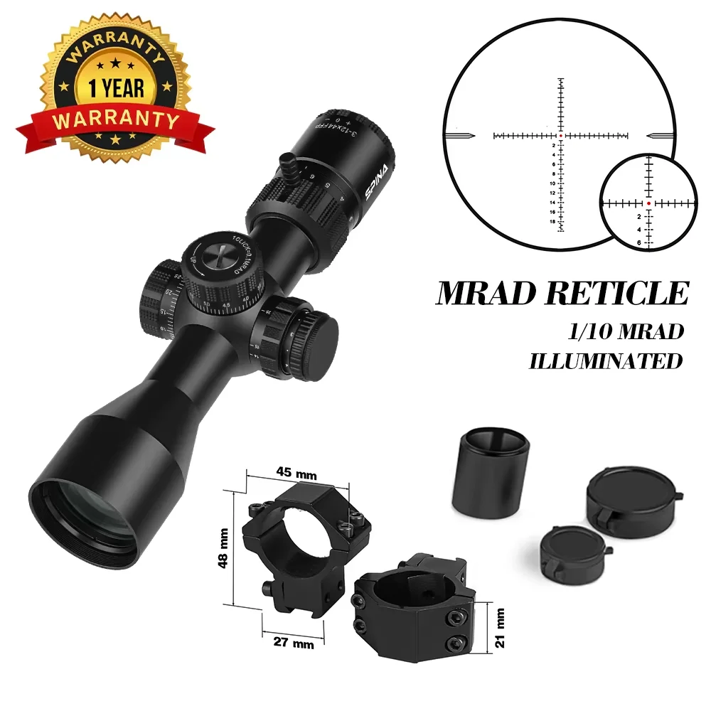 SPINA OPTICS Riptide HD 3-12x44 FFP SFIR Kompakte Zielfernrohr Optik Tactical Jagd Seitliche Parallaxenverstellung für Karabiner AR15 PCP .308 5.56 22LR 5